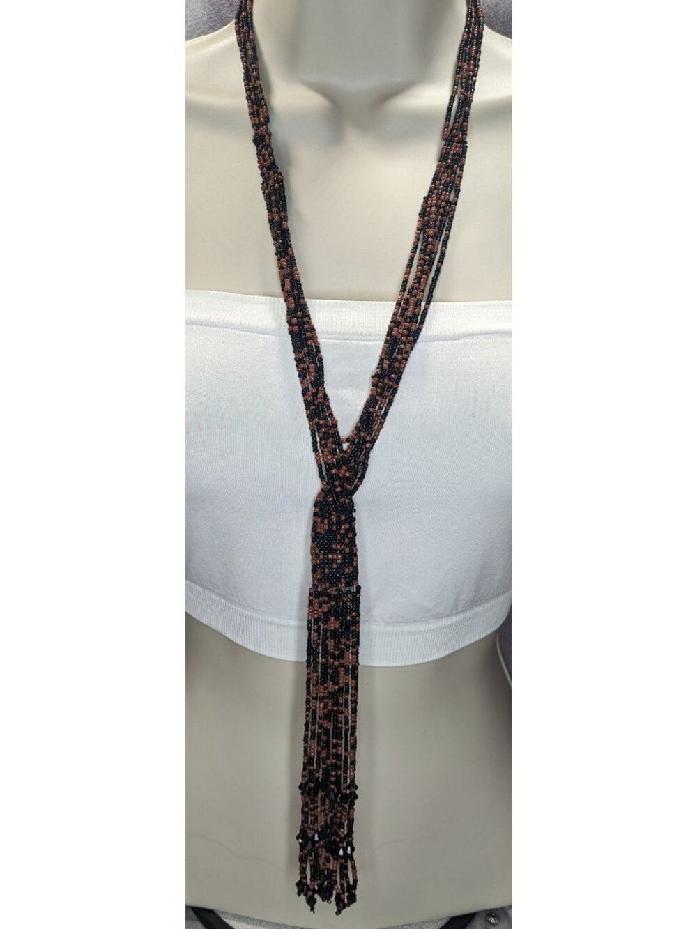Boho Handmade Glass Brown Black Seed Bead Tassel Necklace 16 Inch